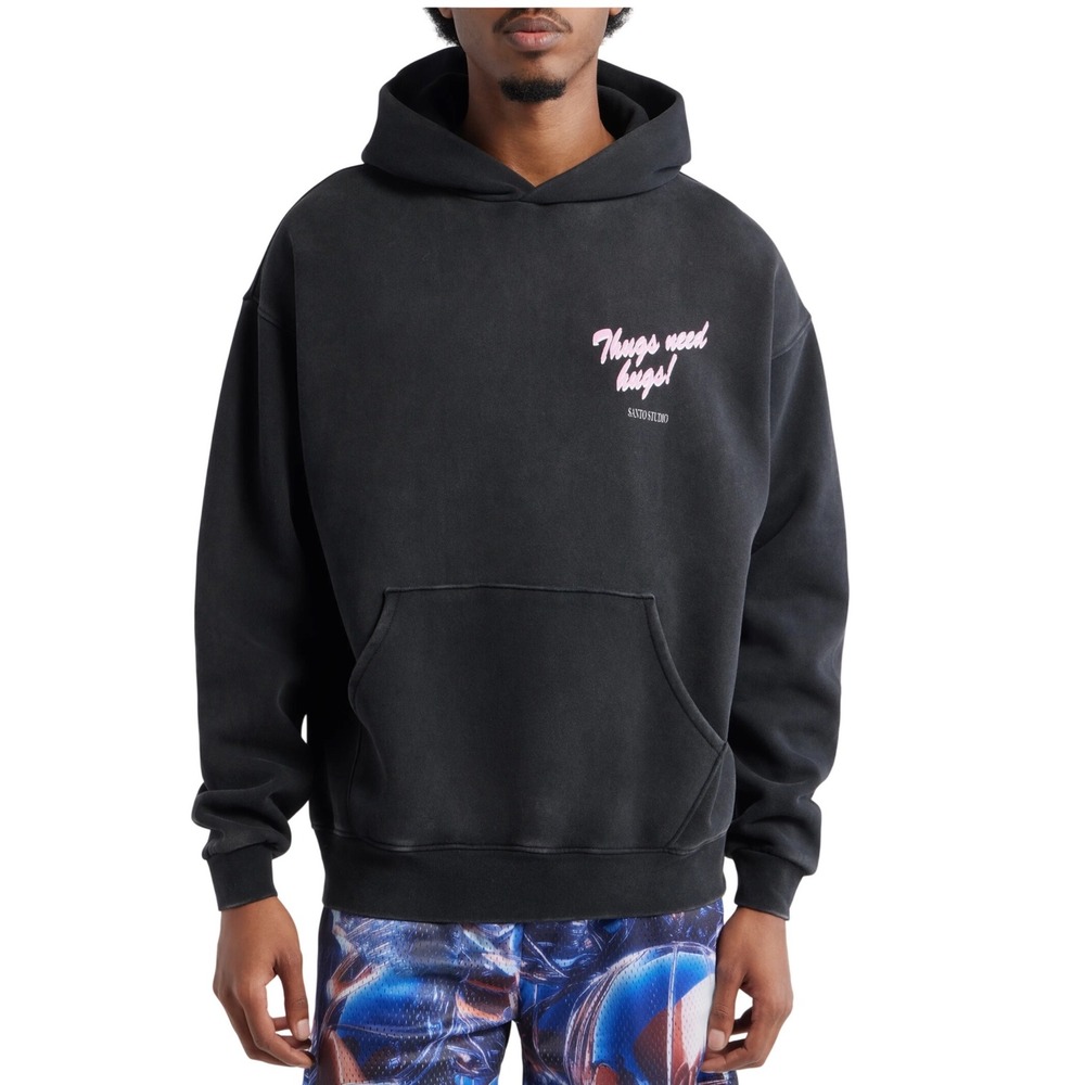 Santo Studio Thugs Need Hugs Bulldog Graphic Faded Black Hoodie Small Streetwear